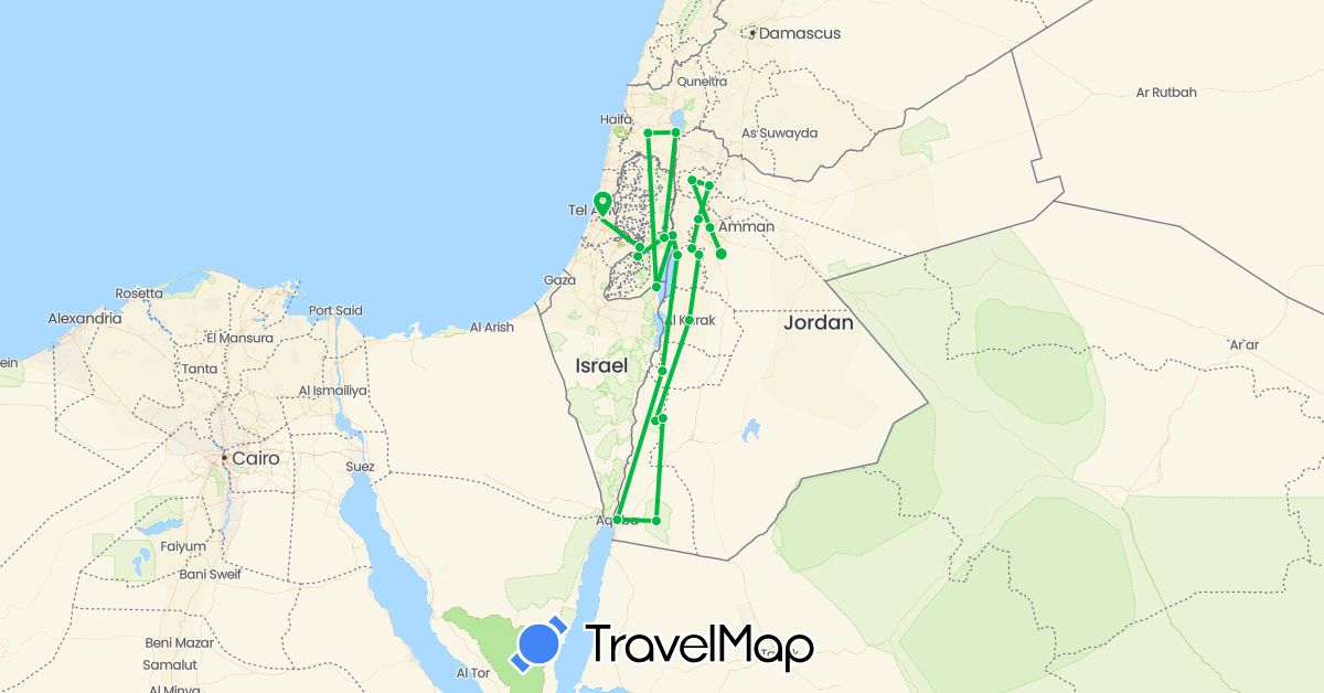 TravelMap itinerary: driving, bus in Israel, Jordan, Palestinian Territories (Asia)